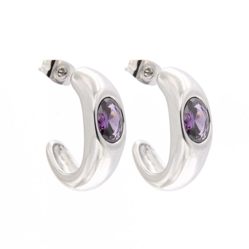 Orecchini mezza boccola in Acciaio con zircone color Ametista - AQD-OR106AM