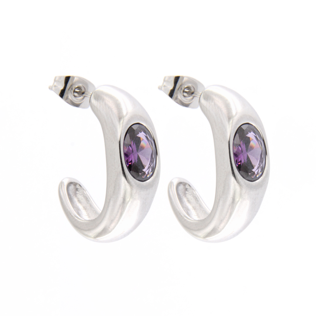 Orecchini mezza boccola in Acciaio con zircone color Ametista - AQD-OR106AM