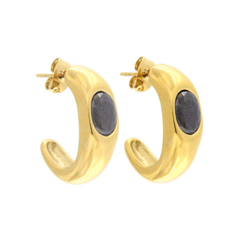Orecchini mezza boccola in PVD Oro con zircone color Nero- AQD-OR106N